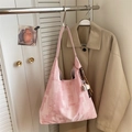 Pink textured canvas crossbody bag with abstract pattern and coffee cup charm - Pink With Pendant
