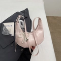 Pink hobo shoulder bag with pearl bow and lace ribbon, stylish PU leather casual dumpling handbag. - With Pendant / Pink