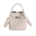 Creamy white bucket bag in lychee leather with silver buckle and crossbody strap - White Without Pendant