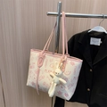 White graffiti tote bag with pink straps and a cute knitted rabbit pendant charm - Pink With Pendant