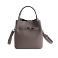Classic dark brown pebble leather bucket bag with top handle and adjustable strap - Grey Without Pendant