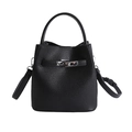 Classic black bucket handbag in lychee grain leather with a metallic lock closure - Black without Pendant