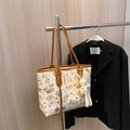 Minimalist tote bag in cream white with brown trim and vintage graffiti bear prints - Brown with Pendant