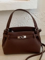 Chic dark brown pebble leather crossbody square bag with silver metal buckle detail - Brown