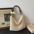 Chic cream crochet hobo tote bag featuring vintage wooden bead strap for beach beachwear - Off White