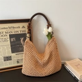 Bohemian light brown woven tote bag with dark brown wooden beaded top handle - Khaki