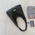 Grey striped chiffon tote bag with ruffle handle and Beyou Merci lace patch detail - Grey Stripe