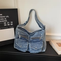 Borsa a tracolla classica in denim blu con design multi-tasche e tracolla regolabile - Azzurro