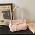 Chic light pink tote bag with fine leather texture and decorative strap buckle detail - No Pendant / Pink