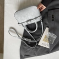 Minimalist light grey leather handbag with top handles and adjustable shoulder strap - Blue Without Charm