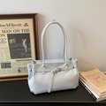 Light blue faux leather tote bag with stylish belt buckle detail and long handles - No Pendant / Blue