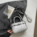 Silver crackle texture mini square handbag with metallic finish and top handle strap - Silver No Pendant