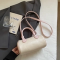 Retro cream white and pink cylinder boston bag with top handles and shoulder strap - Pink