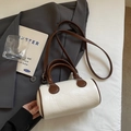 Retro cream and brown contrast leather Boston bag with stylish top handle strap - Off White