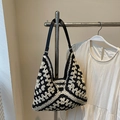 Handmade crochet hobo bag with black and cream geometric pattern and leather strap - Black Without Chain