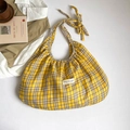 Gelb-grau karierte Stofftasche mit Falten-Design und Schleifen-Tragegriff für Damen - Gelb