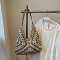 Brown and beige woven hobo bag with contrast geometric patterns and leather strap - Contrast Khaki Without Chain