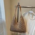 Khaki woven straw tote bag with brown leather shoulder strap and hollow crochet pattern - Khaki Without Chain