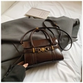 Deep brown wax leather small square handbag with gold heart buckle and adjustable strap - Brown