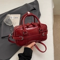 Glossy red faux leather mini Boston bag with double handles and adjustable strap - No Pendant / Red