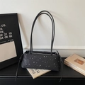 Minimalist black tote bag with white star patterns and slender faux leather straps - Black