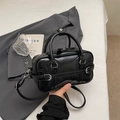 Classic black leather boston handbag with silver buckle and detachable shoulder strap - No Pendant / Black