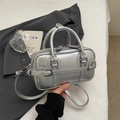 Chic silver metallic mini bowling bag with top handles and adjustable shoulder strap - No Pendant / Silver