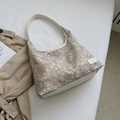 Floral jacquard tote bag with white leather trim and straps in cream color - Off White