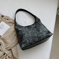 Dark floral print tote bag with black leather patchwork for daily commute and college life - Black