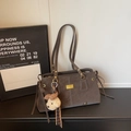 Chic brown suede tote bag with long straps, metal logo plate and cute bear charm - Coffee With Charms