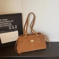 Brown suede tote bag with golden logo plate and decorative white stitching for women - Brown No Pendant
