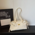 Elegant cream white faux leather tote bag with gold accents and ribbon bow details - Rice White (No Pendant)