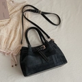 Sac seau en tweed à carreaux gris foncé avec poignées en cuir noir et bandoulière - Noir
