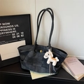 Borsa tote patchwork grigio scuro con ciondolo a cavallo e manici sottili neri chic - Nero Con Pendente
