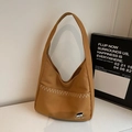 Minimalist khaki brown canvas shoulder bag featuring cute embroidery and contrast stitching - Brown