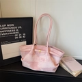 Pink checkered canvas tote bag with long handles and golden metal buckle accessory - Pink Without Pendant