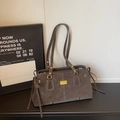 Classic dark brown suede tote bag with golden metal hardware and side bow detail - Coffee No Charm