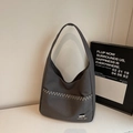 Minimalist dark grey canvas tote shoulder bag with a white wavy embroidery line - Dark Brown