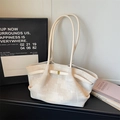Minimalist cream canvas tote bag with unique pleated design and slim shoulder straps - Rice White (No Pendant)