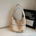 Minimalist beige canvas hobo bucket bag with blue stitching and Docile girl embroidery - Khaki