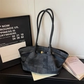 Grey textured fabric tote bag with black leather straps and gold buckle details - Black without Pendant