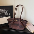 Artistic dark brown and black patterned tote bag with golden buckle and slim handles - Coffee without Pendant