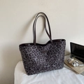 Fashionable leopard print large tote bag with brown PU handles and woven fabric texture - Coffee
