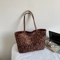 Stylish large capacity leopard print tote bag with brown leather handles for daily commute - Brown