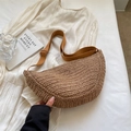 Straw half-moon crossbody bag in tan brown with a wide adjustable shoulder strap - Brown
