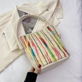 Colorful striped knit bucket bag with beige leather base and a metal ring handle detail - Off White