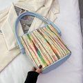 Rainbow woven bucket bag with blue leather trim and handle for casual daily wear - Blue