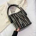 Chic multi-color striped fabric bucket bag with black leather base and round handles - Black