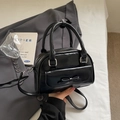 Chic black glossy bowling bag with decorative bow and detachable shoulder strap - No Pendant / Black