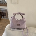 Schicke lavendelfarbene Wildleder-Handtasche mit Schleifenziergriff und Streifenfutter - Lila